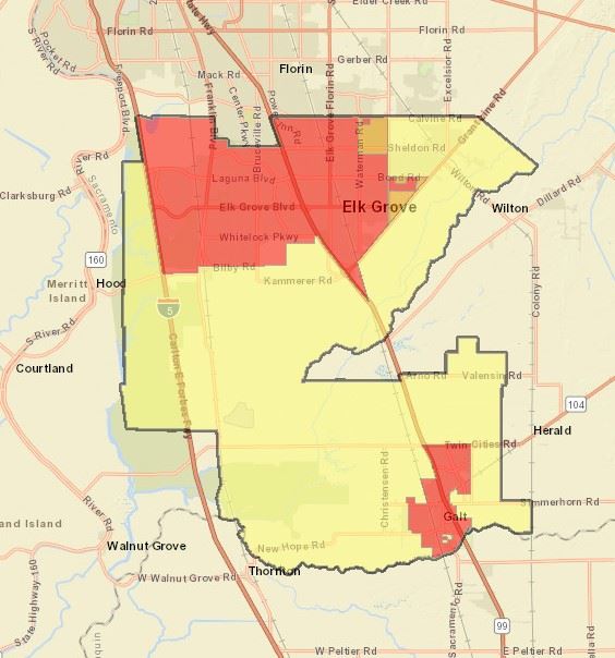 Georgraphic area of sample burn permit zones within boundaries of Cosumnes Fire Department