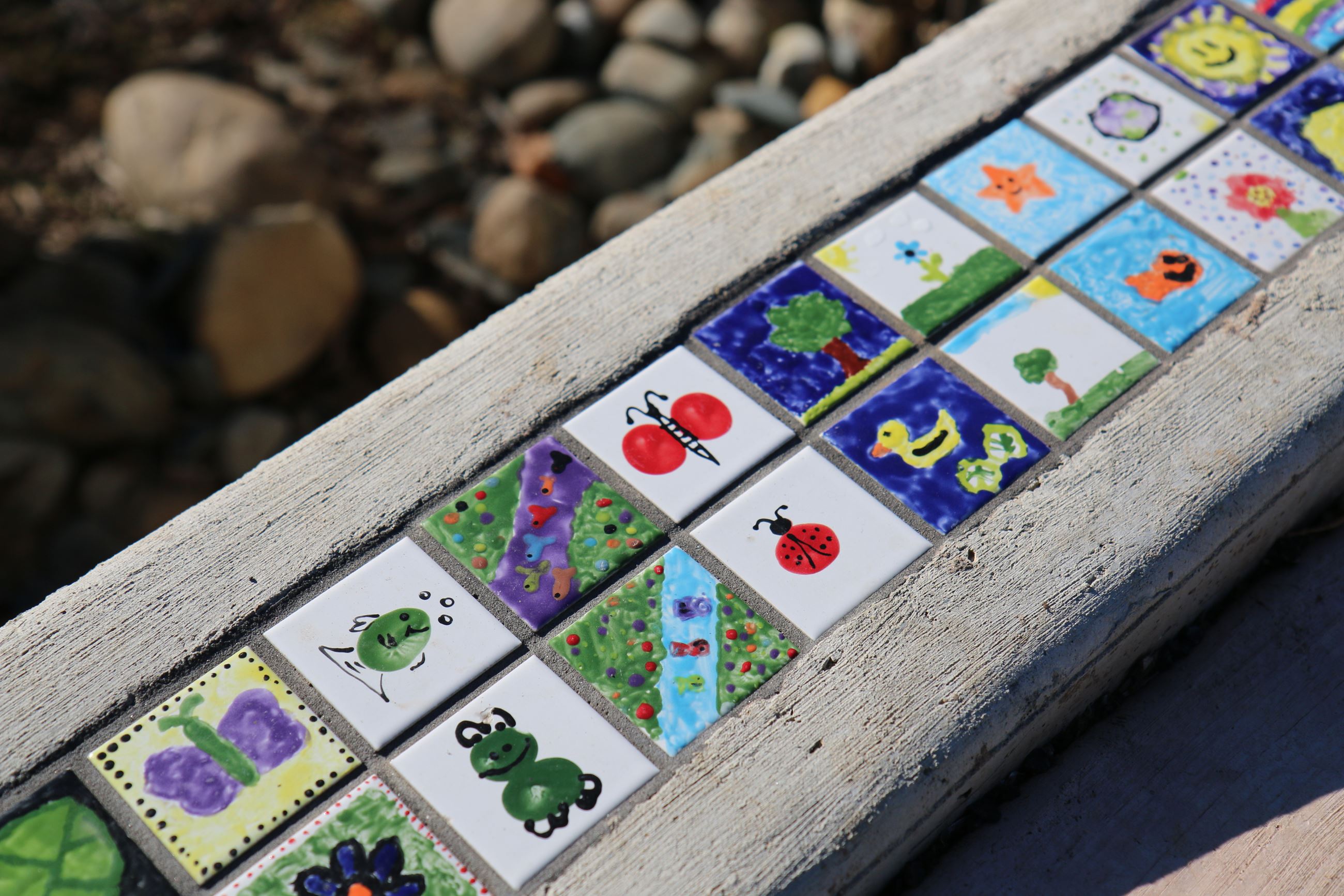 Close up view of painted tiles