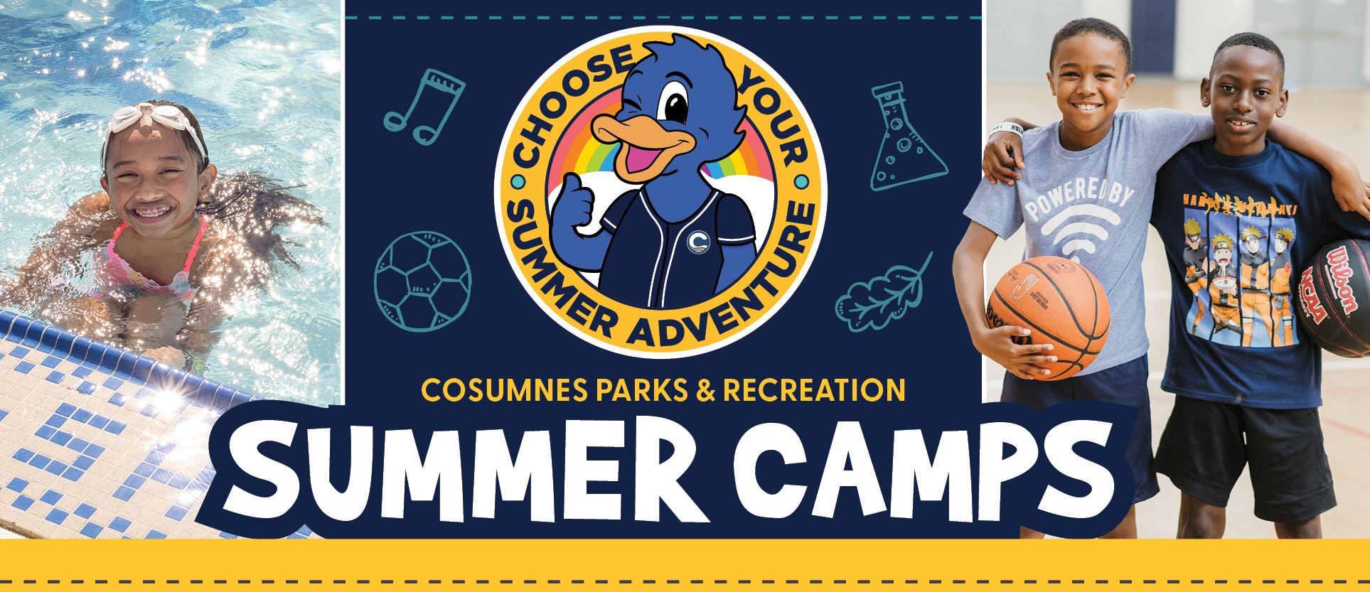 Kid swimming and two kids with basketballs with text Cosumnes Parks and Recreation Summer Camp