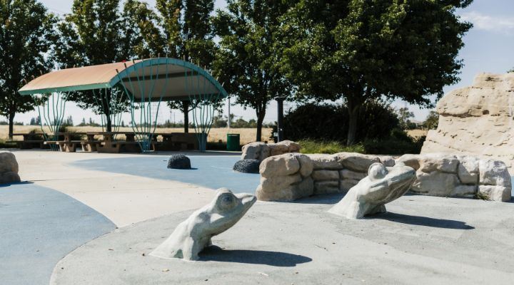 2 frog-shaped water play features with teal shade structure and 4  picnic benches in background