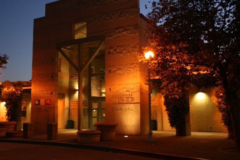 A view of the building at night